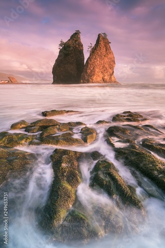 Coastline with sea stacks in sunset time with red and purple light. Rialto Beach in Olympic National Park, Olympic Peninsula near Seattle, Olympia, Port Angeles. Washington. United States of America photo