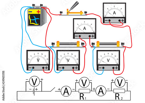 An electrical circuit consisting of consecutively connected electric power consumers, voltmeters for measuring the voltage at different sections of the circuit.