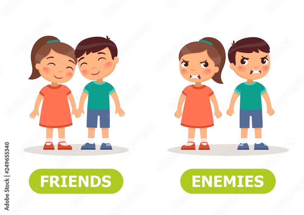 Vector antonyms and opposites. FRIENDS and ENEMIES. Card for teaching aid, for a foreign language learning Vector antonyms and opposites. FRIENDS and ENEMIES. Card for teaching aid, for a foreign language learning