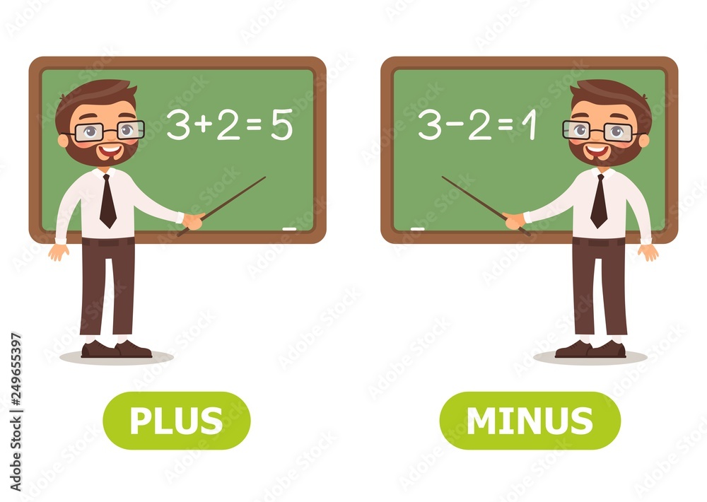 Vector antonyms and opposites. PLUS and MINUS Card for teaching aid, for a foreign language learning Vector antonyms and opposites. PLUS and MINUS Card for teaching aid, for a foreign language learning