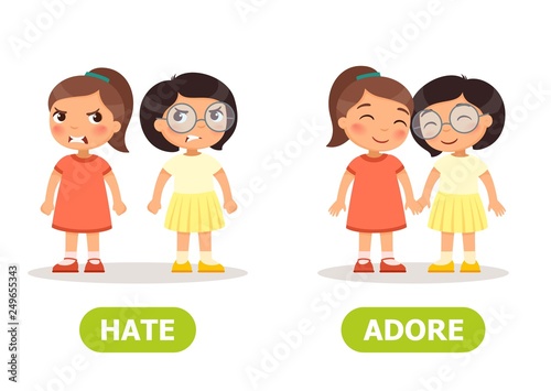 . Vector antonyms and opposites. ADORE and HATE. Card for teaching aid, for a foreign language learning