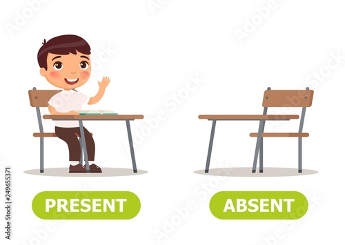 Vector antonyms and opposites. PRESENT and ABSENT. Card for teaching aid, for a foreign language learning