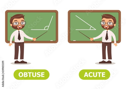 Vector antonyms and opposites. OBTUSE  and ACUTE. Card for teaching aid, for a foreign language learning