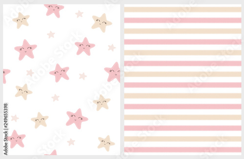 Lovely Smiling Stars and Vertical Stripes Vector Patterns.Funny Pink and Cream Stars Isolated on White  Background. Pink and Cream Stripes with Seam.Sweet Nursery Art.Cute Infantile Repeatable Pattern