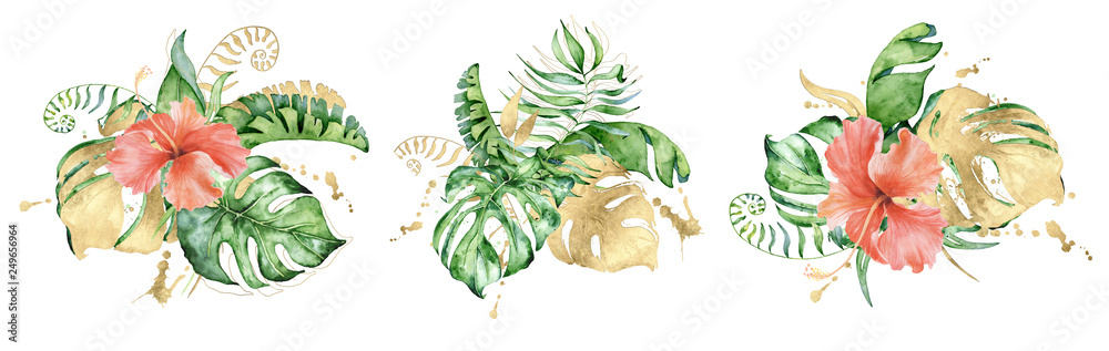 Tropical set watercolor flowers and leaves. Exotic bouquet isolated on ...