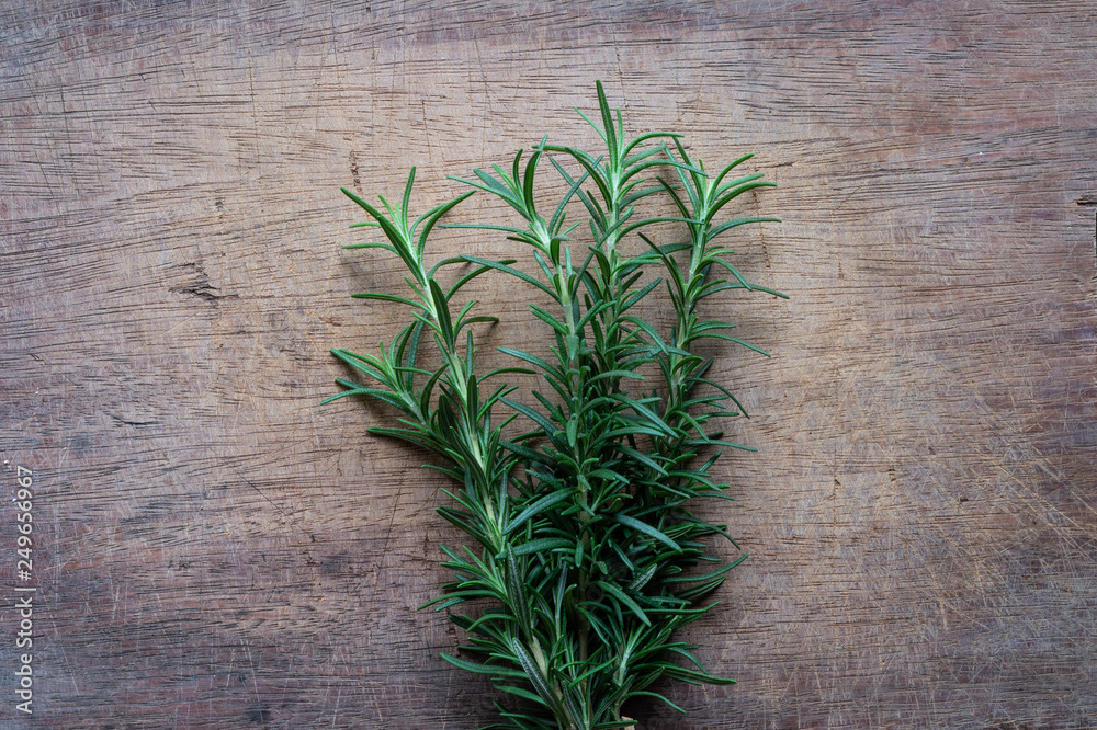 Rosemary plant on wooden rustic table from above, fresh organic herbs with copy space for text Rosemary plant on wooden rustic table from above, fresh organic herbs with copy space for text