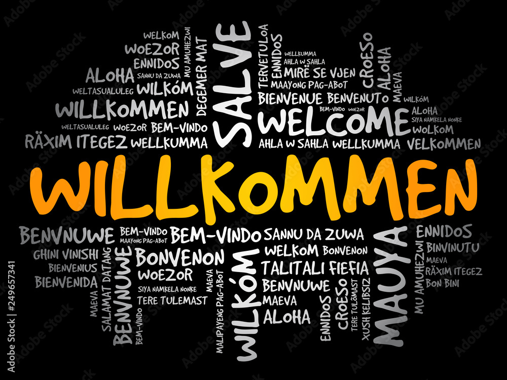 Willkommen - Welcome in German. Word cloud in different languages, conceptual background