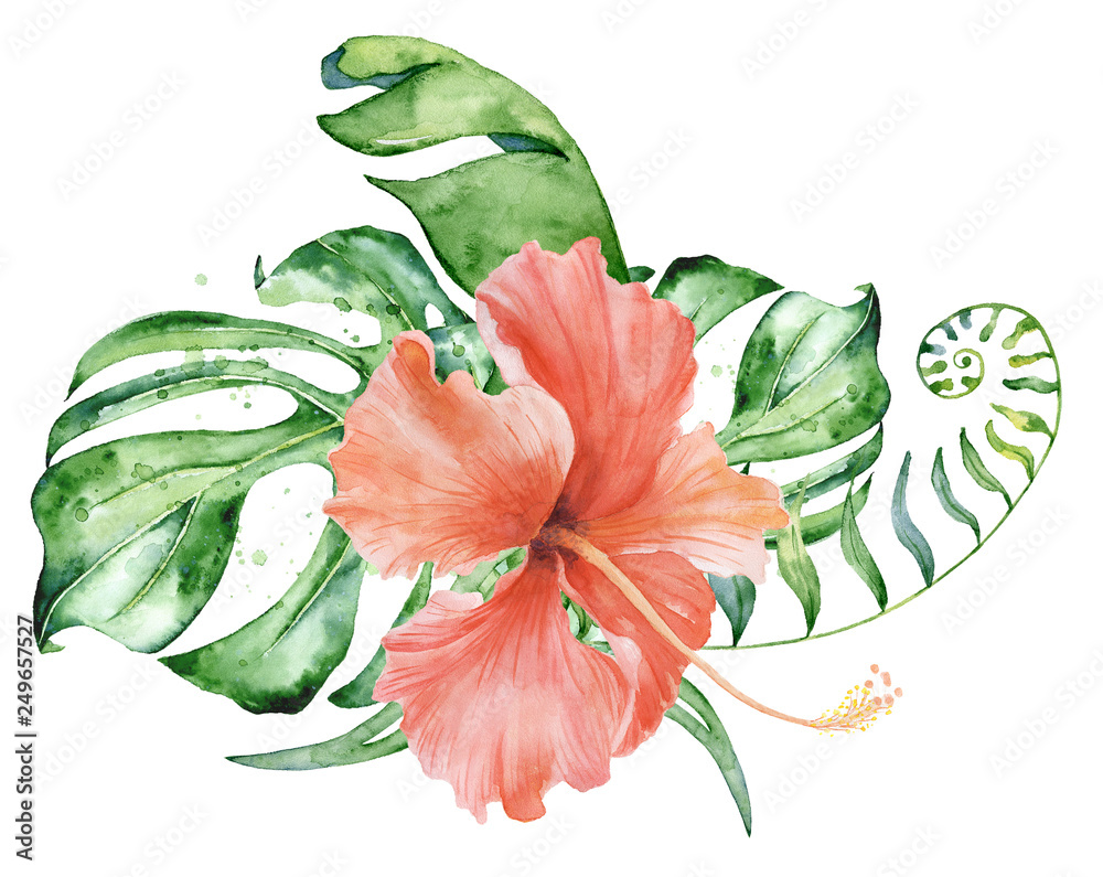 Tropical watercolor flowers and leaves. Exotic bouquet isolated on ...