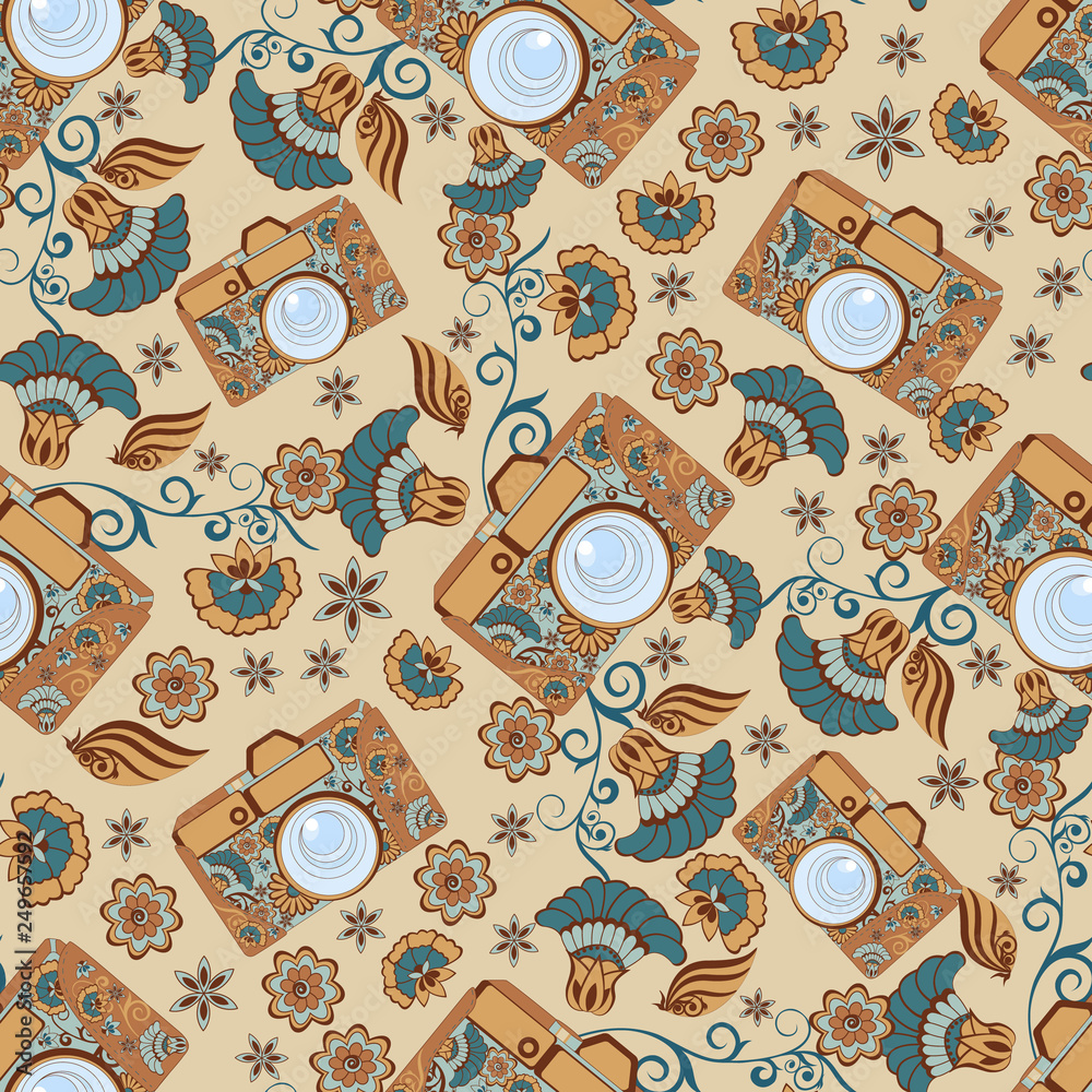 Naklejka premium seamless pattern with flowers and camera