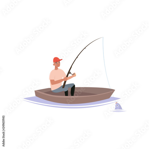 Fisherman Caught Fish with Fishing Rod, Male Fisher Character Sitting on Inflatable Boat Vector Illustration