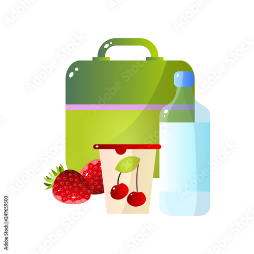 Lunch Box with Healthy Food, Strawberry, Cherry and Bottle of Water, School Lunch in Container Vector Illustration