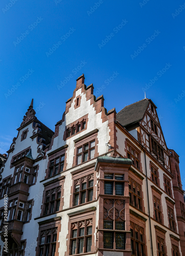 Medieval buildings in Bavaria, Germany. Typical cityscape of  european town with blue sky.