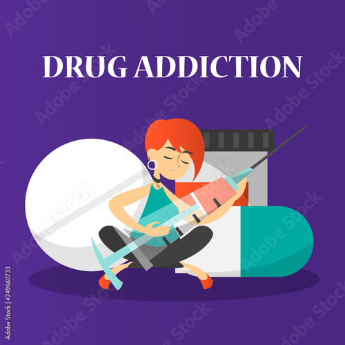 Woman with drug addiction hold syringe. Giant pill
