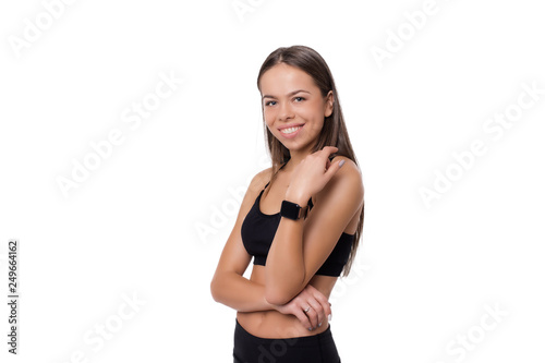 Portrait of beautiful smile healthy woman body with sport wear copy space white background.