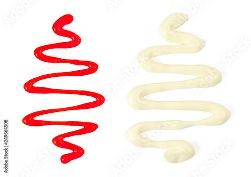 Set of spicy tomato sauce or ketchup and mayonnaise sauce. Close up. Top view. Isolated on white background