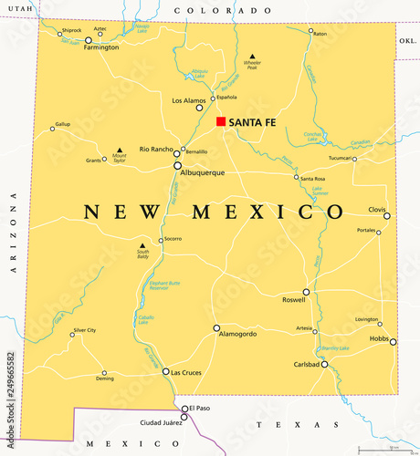 New Mexico, political map, with capital Santa Fe, borders, important cities, rivers and lakes. State in the Southwestern region of United States of America. English labeling. Illustration. Vector.