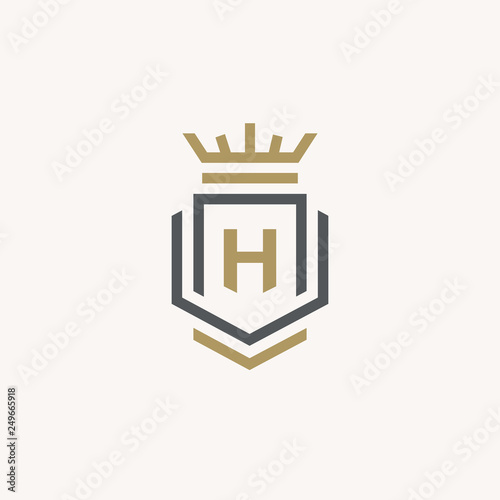 Heraldic Letter H monogram. Elegant minimal logo design. Letter H + Crown + Book + Shield.