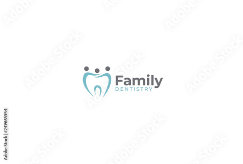 Modern family dentist logo design. Abstract tooth with family silhouettes icon logotype. Dental clinic vector sign mark icon.
