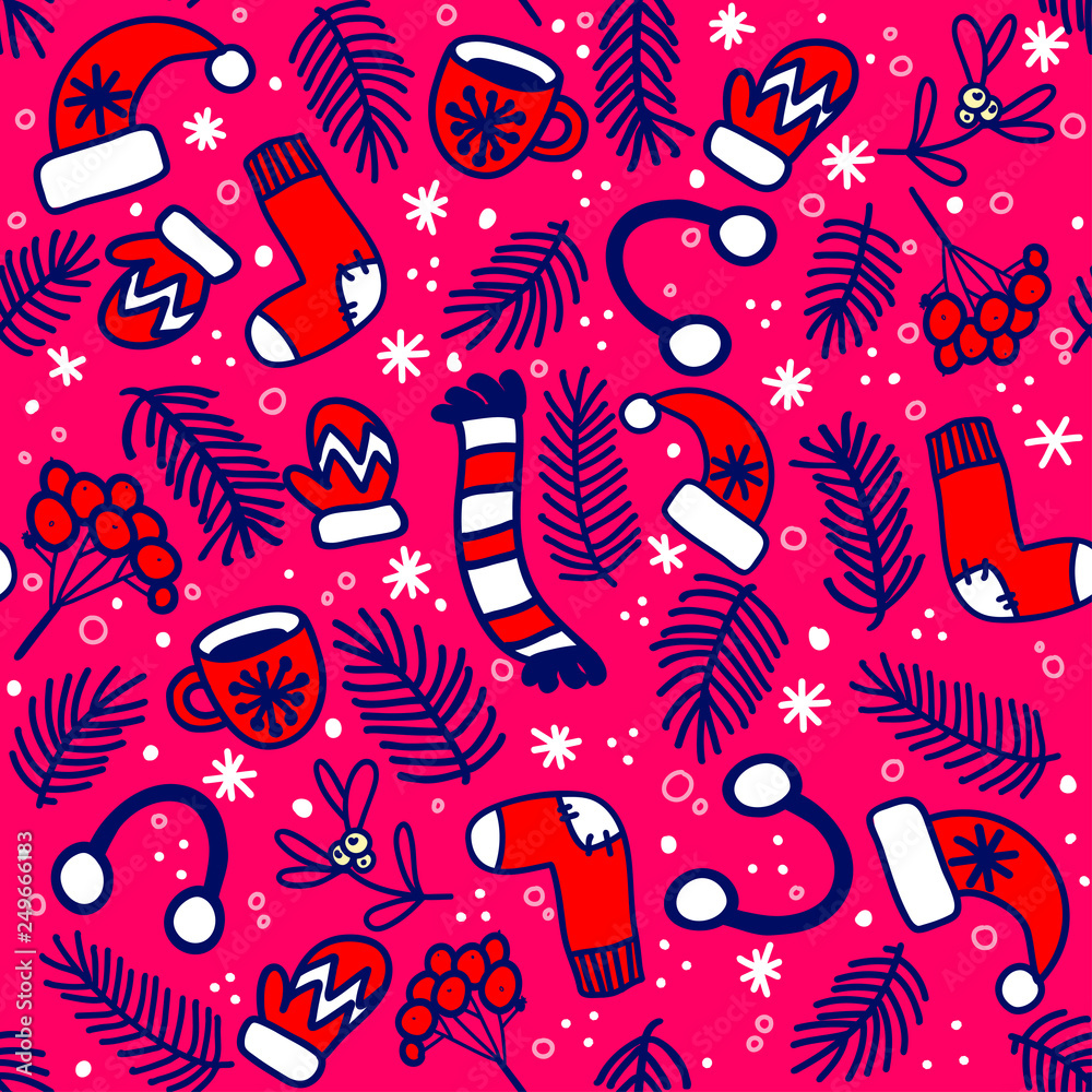 Seamless pattern with red mittens, socks, hats and evergreen branches on bright pink background Seamless pattern with red mittens, socks, hats and evergreen branches on bright pink background