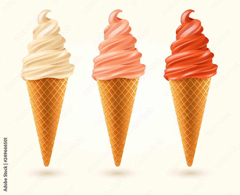 Three flavored ice cream cones isolated on white background : Vector Illustration
