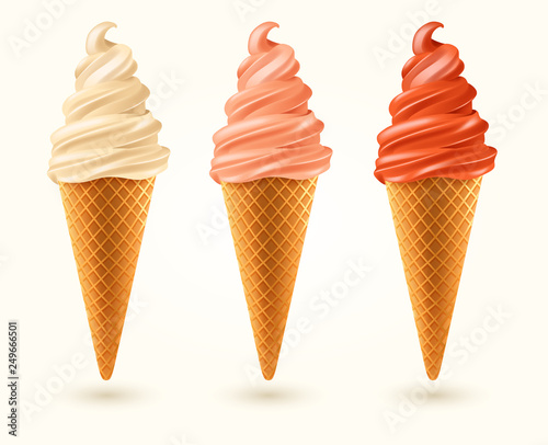 Three flavored ice cream cones isolated on white background : Vector Illustration