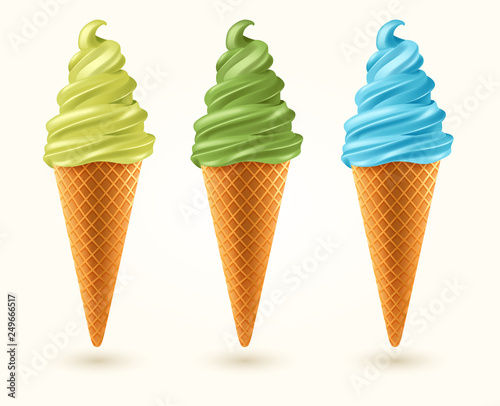 Three flavored ice cream cones isolated on white background : Vector Illustration