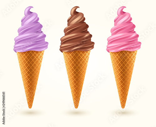 Three flavored ice cream cones isolated on white background : Vector Illustration