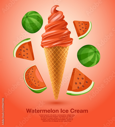 Watermelon : Flavored Soft Ice cream Set : Vector Illustration