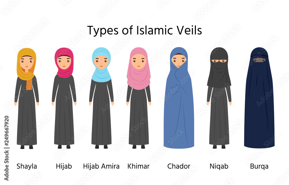 Islamic women clothes. Muslim veils. Types of Hijab. Female characters Arab traditional clothing. headdresses in flat design. Cartoon illustration. Set fashion icons. | Adobe Stock