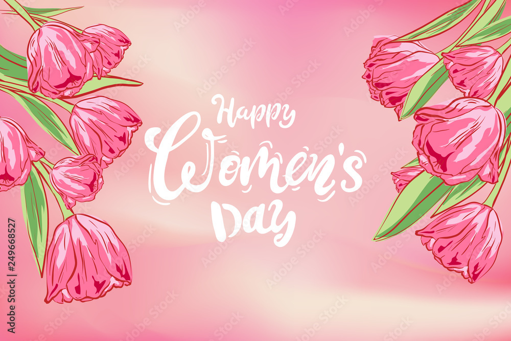 vector floral greeting card. pink beautiful tulips, butterfly. Isolated. hand drawn illustration. Floral design, flower backdrop. Festive hand drawn pattern, spring. lettering Happy women's day