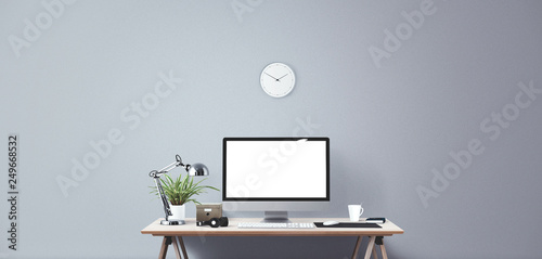 Wallpaper Mural Computer display and office tools on desk. Desktop computer screen isolated. Modern creative workspace background. Front view	 Torontodigital.ca