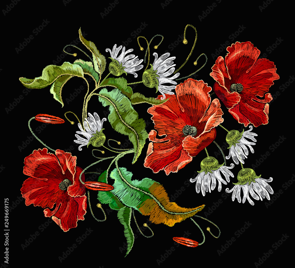 Embroidered Flowers On White Background Vector Stock Vector
