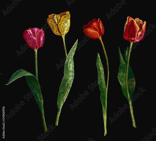 Fototapeta Kolekcja haftowane tulipany, ręcznie rysowane elementy. Modny szablon do projektowania ubrań, projekt koszulki, gobelin