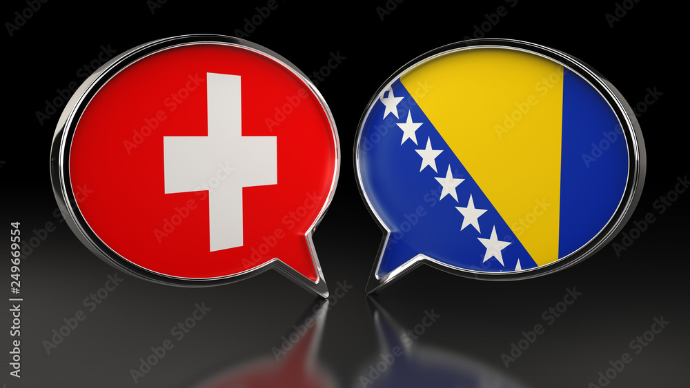 Fototapeta premium Switzerland and Bosnia and Herzegovina flags with Speech Bubbles. 3D illustration