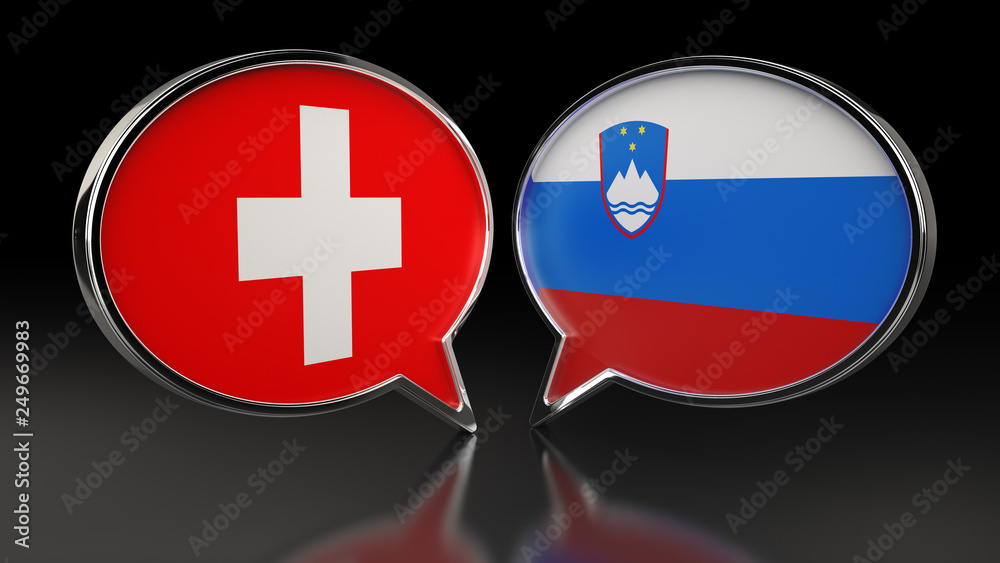 Switzerland and Slovenia flags with Speech Bubbles. 3D illustration Switzerland and Slovenia flags with Speech Bubbles. 3D illustration