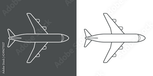 Icono plano lineal avión de pasajeros en gris y blanco