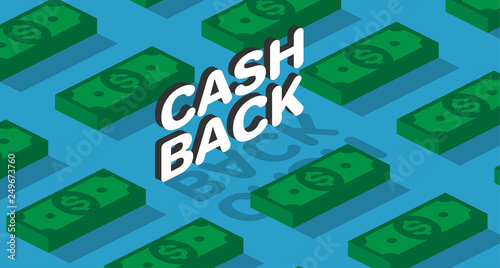 Money cashback blue background with green dollar banknotes pattern.