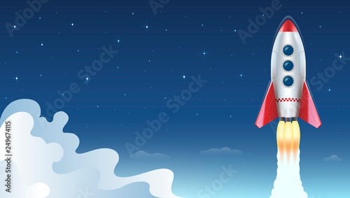 Illustration of rocket flying above clouds on background of space and stars. Vector illustration.