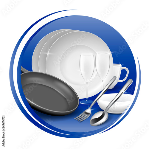 Icon of clean tableware, white dish, tableware, fork and spoon, black pan. Vector illustration.