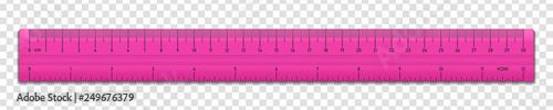 Realistic plastic pink tape ruler isolated on transparent background. Double sided measurement in cm and inches. Vector illustration