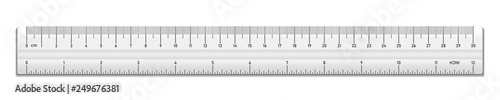 Realistic plastic white tape ruler isolated on white background. Double sided measurement in cm and inches. Vector illustration