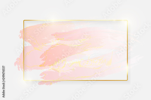 Gold shiny glowing rectangle frame with rose pastel brush strokes isolated on white background. Golden luxury line border for invitation, card, sale, fashion, wedding, photo etc. Vector illustration