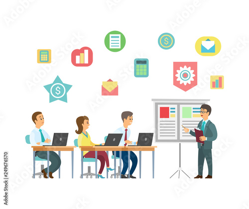 Business training vector, coach and students with laptops. Entrepreneurs and screen with presentation, message and calculator, graphics and dollar sign © robu_s