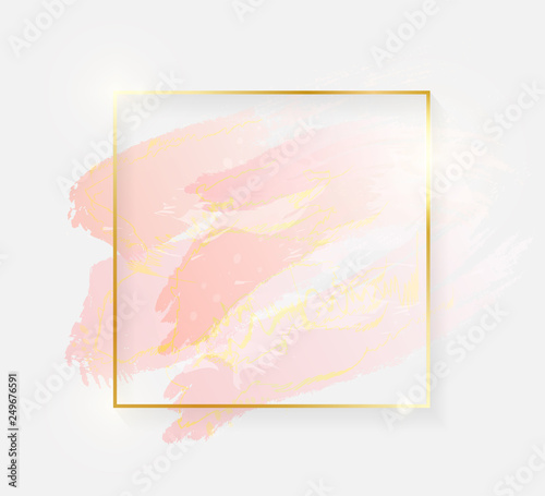 Gold shiny glowing square frame with rose pastel brush strokes isolated on white background. Golden luxury line border for invitation, card, sale, fashion, wedding, photo etc. Vector illustration