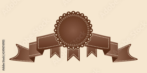 Embroidered flat style brown ribbon isolated on ivory background. Brown fabric vintage tape. Template for banner, award, sale, icon, logo, label, poster etc. Vector illustration
