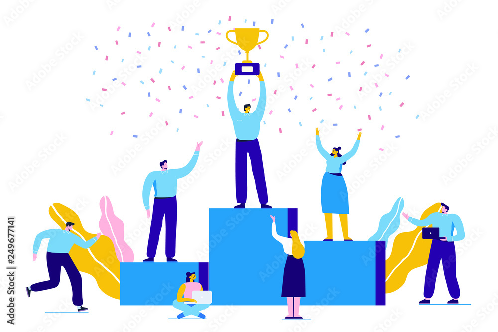 Business people character holding thropy and get reward standing on podium and celebrate. Team Work, Partnership, Leadership Concept. Flat vector illustration on white background. Modern style.