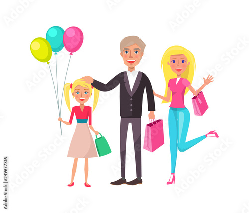 Family of three blonde mother with shopping bags, father with package and girl with balloons isolated. Cartoon parents and daughter going on birthday