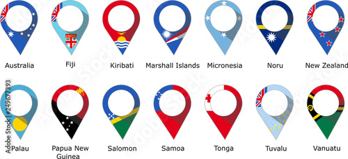 Flags in the form of a pin of the countries of Oceania with their names written below