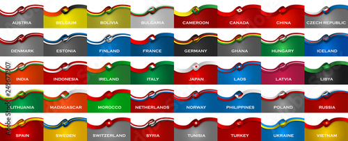 Big pack of 40 world country sport style flag classic ribbons. Vector Illustration