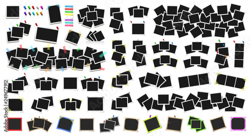 Mega pack of realistic vector photo frames on sticky tape, pins and rivets. Template photo design. Colored metal pins and paper stickers set. Isolated on white background. Vector illustration